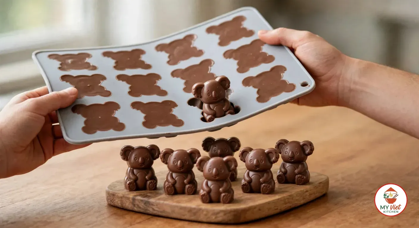 Two hands flexing a grey silicone mold of sealed chocolates as one milk chocolate koala pops out, above a small wooden board of unmolded koala-shaped chocolates