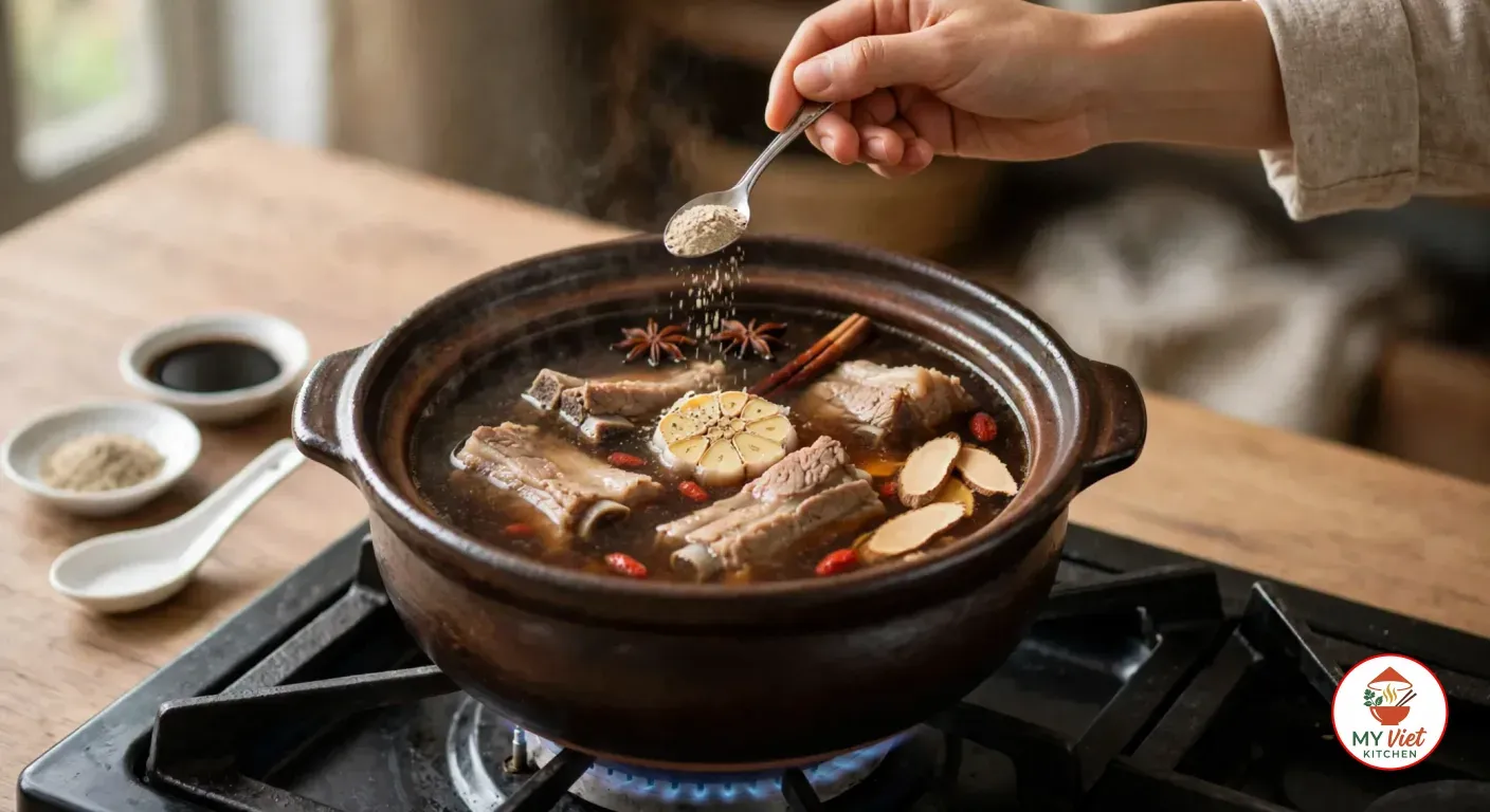Sprinkling ground white pepper from a small spoon over the dark amber broth of pork ribs, garlic and herbs in the clay pot, beside dishes of white pepper and dark soy sauce and a white porcelain soup spoon