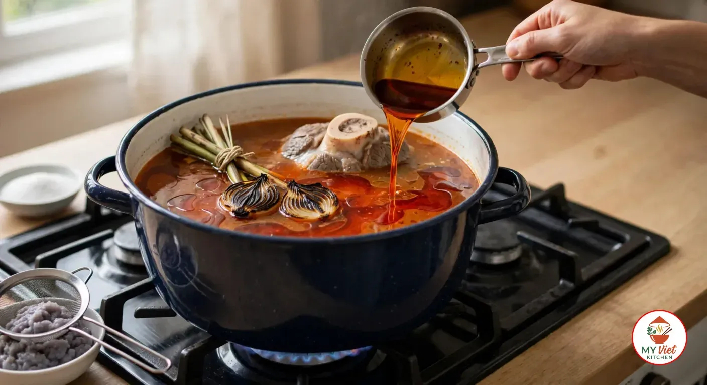 Red-orange annatto oil poured from a small saucepan into the pot of broth with lemongrass, charred onion and beef bones, a bowl of shrimp paste with a sieve and a dish of sugar beside the stove