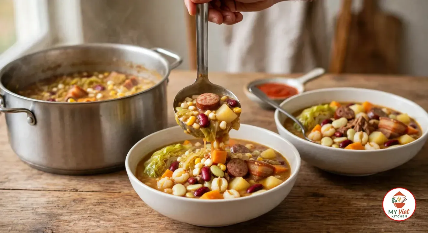 Ladling thick cachupa with corn kernels, red kidney beans, rounds of linguiça, potato, squash and soft cabbage from a stainless steel stockpot into a deep off-white bowl on a wooden table, beside a second filled bowl with a spoon and a small dish of red hot sauce