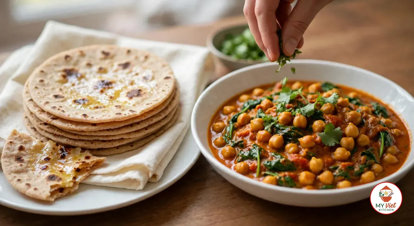Sprinkling chopped cilantro over a white bowl of chickpea and spinach curry, beside a stack of ghee-brushed chapatis on a cream cloth and a torn chapati on a white plate