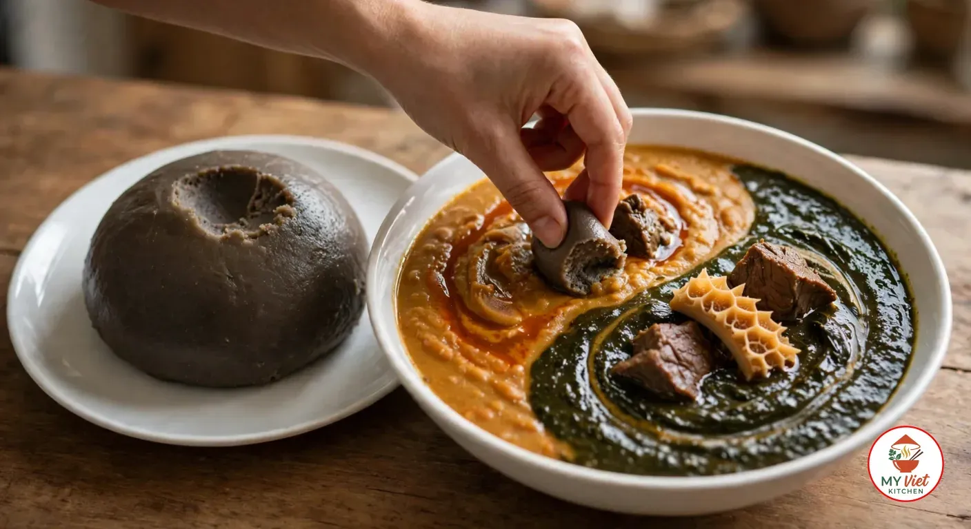 Dipping a pinched piece of amala into a bowl of gbegiri and ewedu, beside the amala mound on its plate