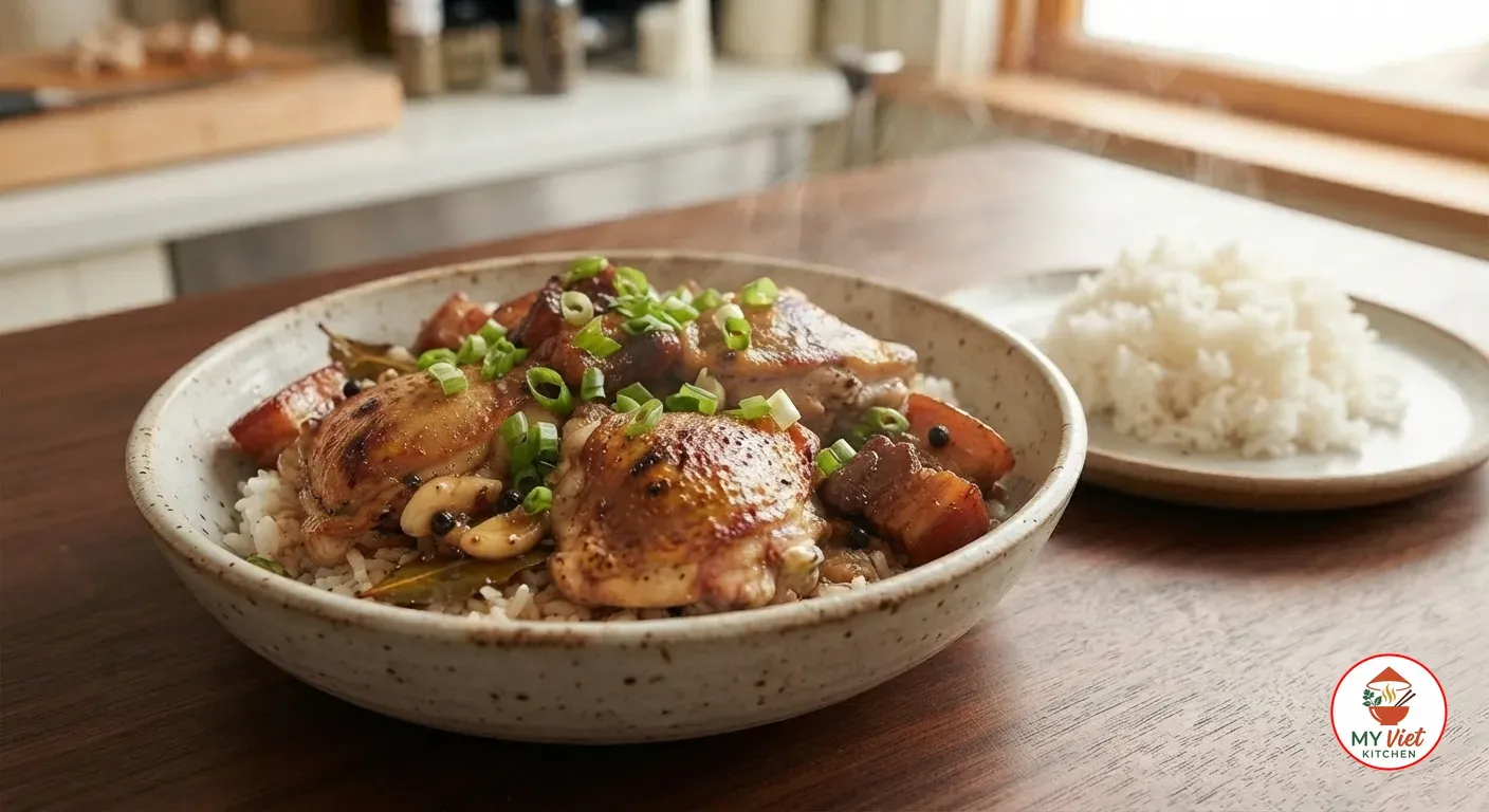 Filipino adobo served over steamed rice and topped with sliced green onions