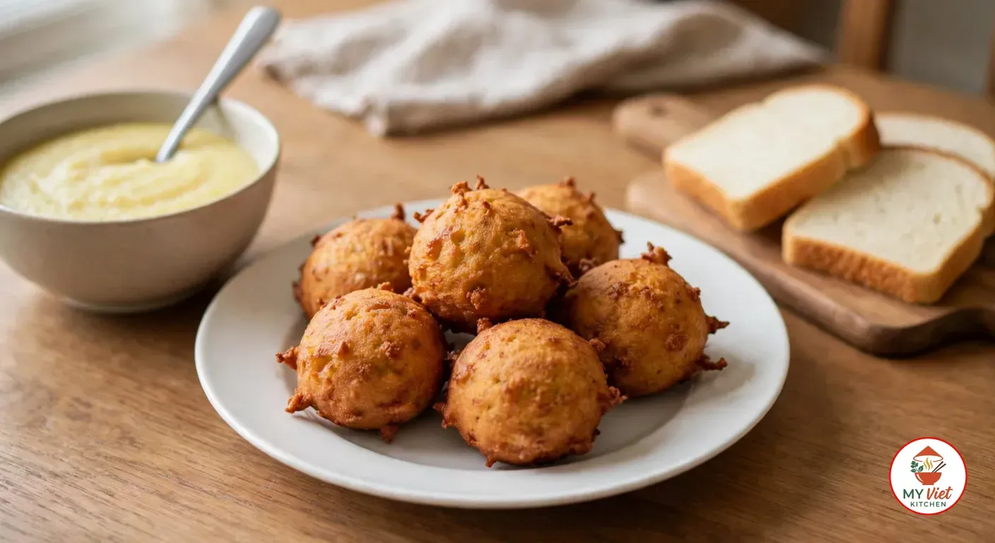 Golden akara served on a plate with soft white bread and a bowl of pap