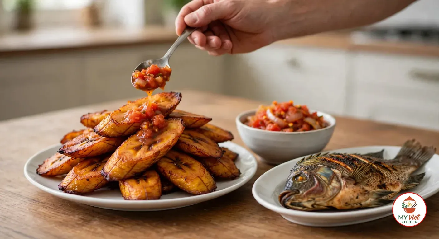 Spooning spicy tomato onion sauce over a plate of alloco, served with a whole grilled tilapia