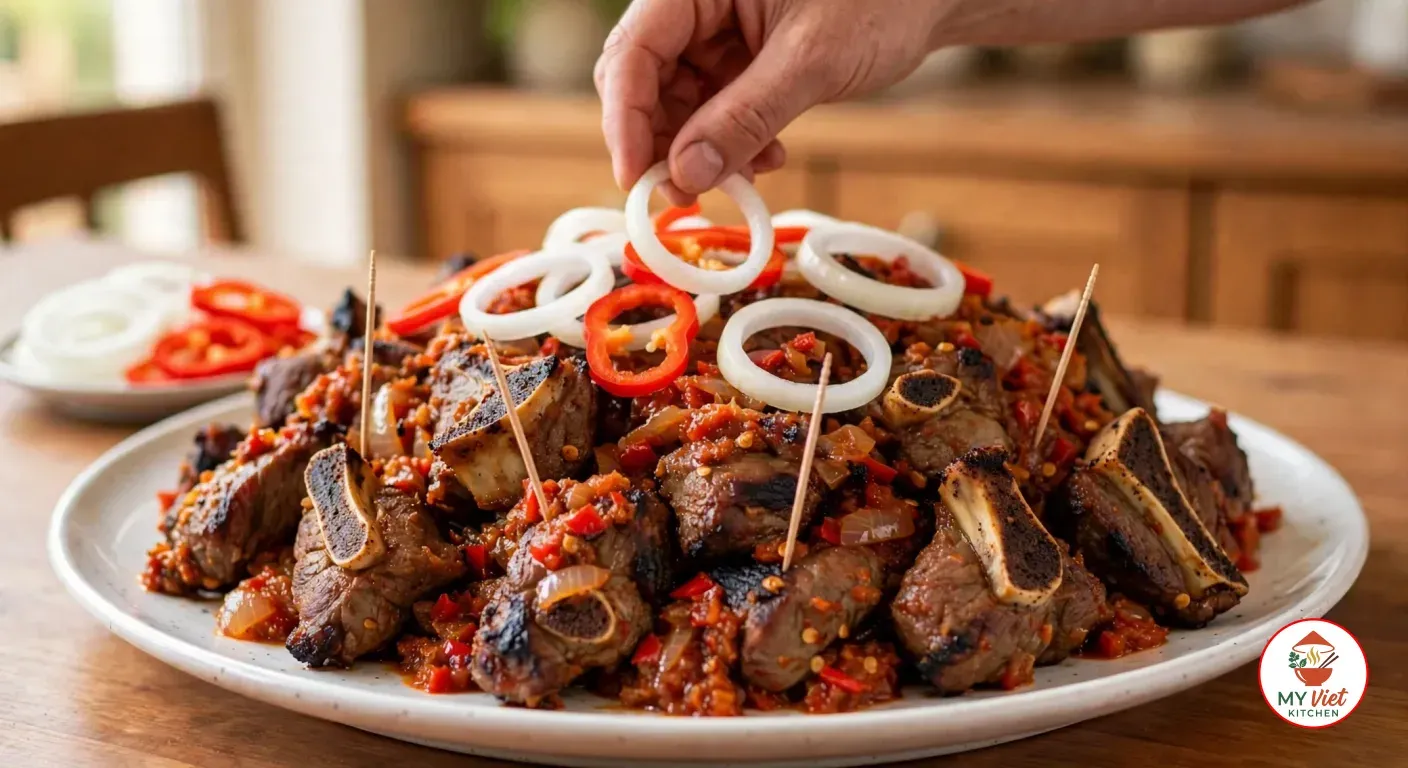 Laying raw onion rings over a platter of asun topped with red pepper rings and toothpicks, beside a small dish of more onion and pepper rings