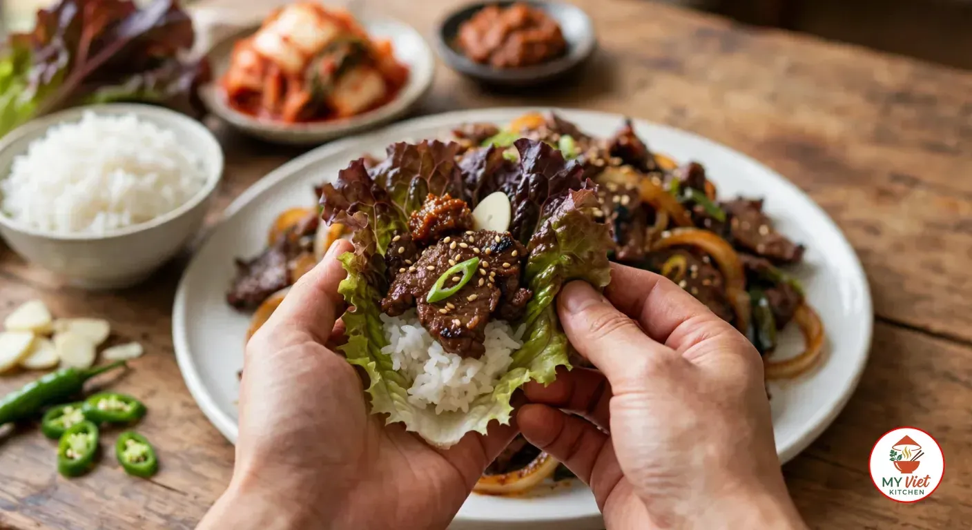 Holding an open red leaf lettuce wrap filled with steamed white rice, caramelized bulgogi, a dab of ssamjang, a slice of raw garlic, sesame seeds and green onion over the white plate of bulgogi, with a bowl of rice, red leaf lettuce, a plate of kimchi, a dish of ssamjang, sliced garlic and sliced green chili on the wooden table
