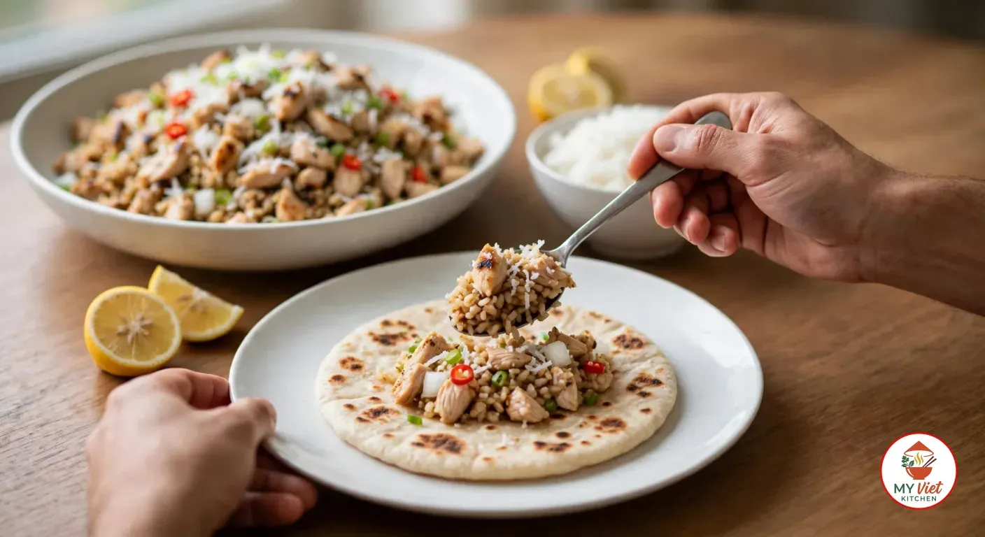 A hand spooning chicken kelaguen onto a flour titiyas on a white plate while the other hand steadies the plate, with the bowl of kelaguen, a bowl of white rice and lemon wedges behind