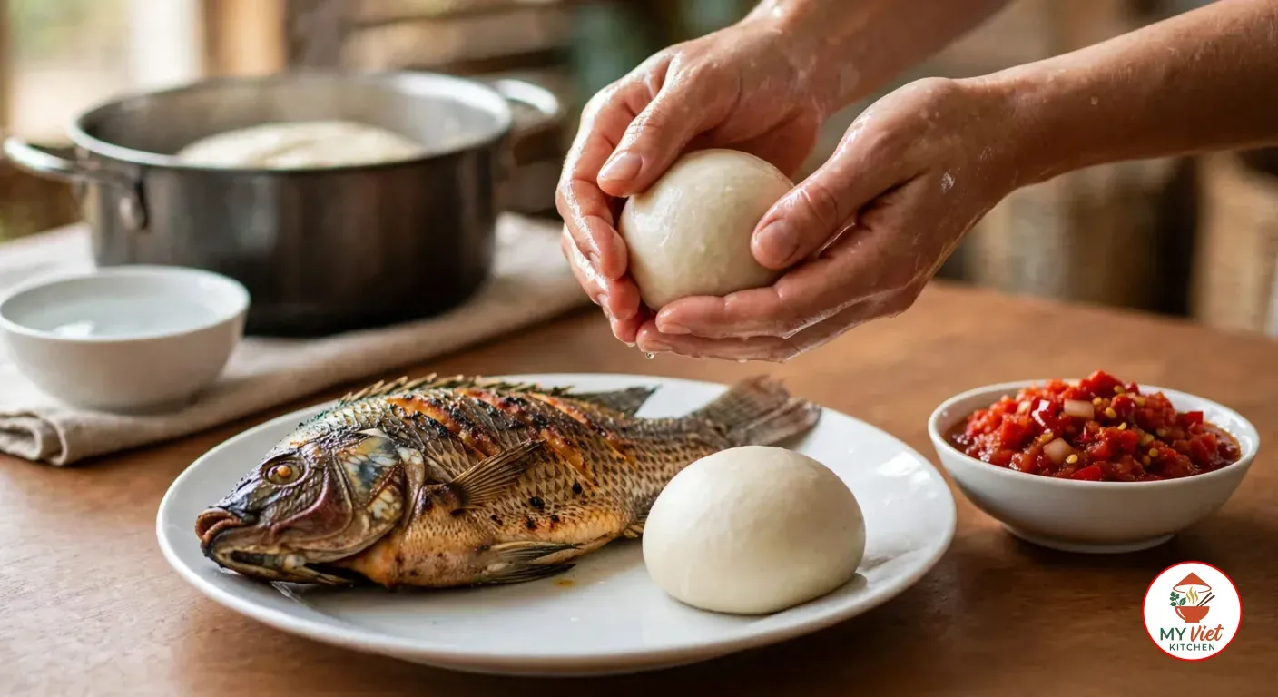 Wet hands rolling a smooth off-white banku ball above a white plate holding a whole grilled tilapia and another banku ball, a small bowl of coarse red pepper sauce beside it, and the stainless steel pot of banku and a bowl of water behind on a wooden table
