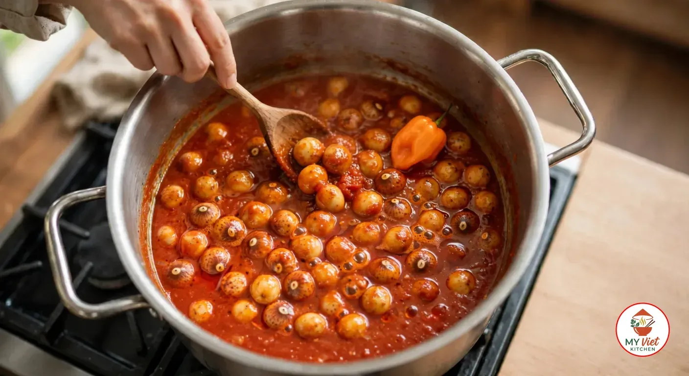 Stirring whole bambara groundnuts in thick, glossy orange-red tomato stew in the stainless steel pot, a whole orange habanero pepper resting on top