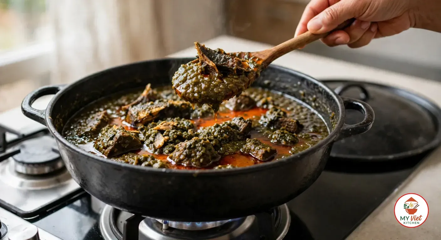 Lifting a spoonful of thick, dark green cassava leaf stew with beef and smoked fish from a black cast-iron pot with red palm oil on its surface, the lid set beside it on the stove