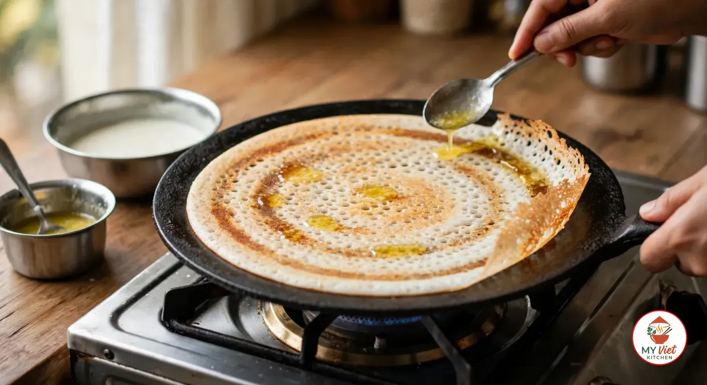A hand drizzling melted ghee from a steel spoon over a thin, lacy dosa on a black cast-iron tawa, its spiral turning golden brown and one edge curling up from the pan, with bowls of batter and ghee beside the stove