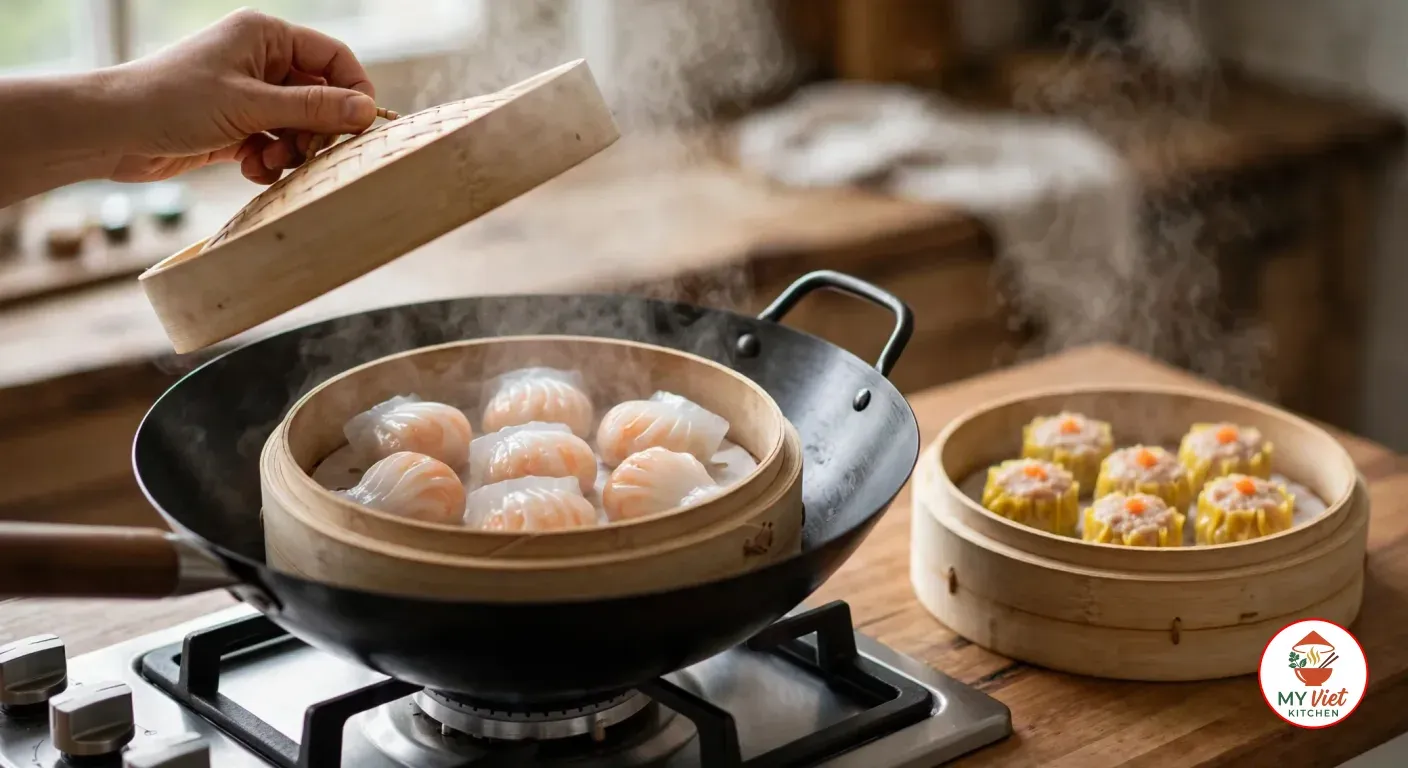 A hand lifting the bamboo lid off a steamer basket set in a black wok on a gas stove, revealing steamed har gow with pink shrimp showing through their translucent skins, with a basket of steamed siu mai on the wooden counter beside it