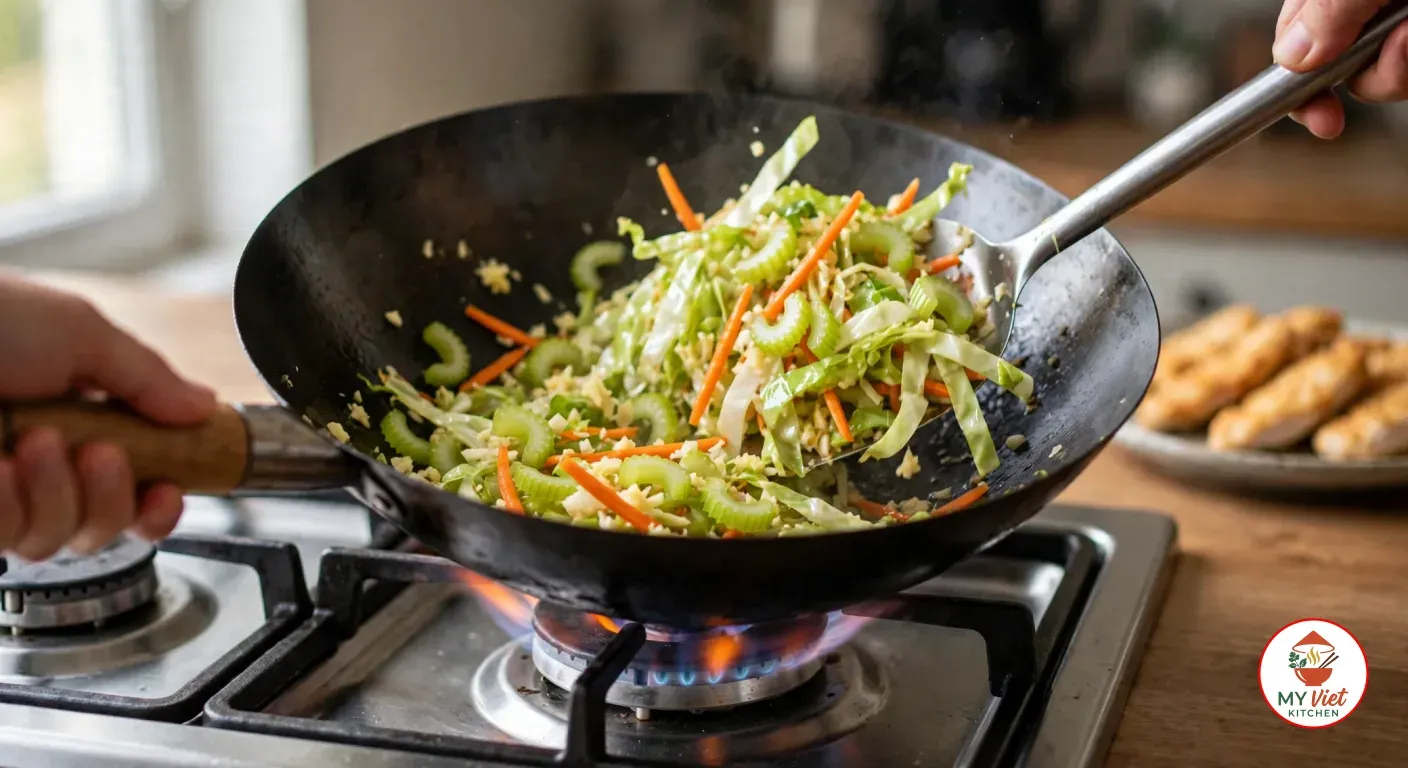 A hand tossing shredded cabbage, carrot matchsticks, sliced celery and minced garlic with a steel spatula in a black carbon-steel wok over a gas flame, with a plate of cooked chicken strips beside the stove