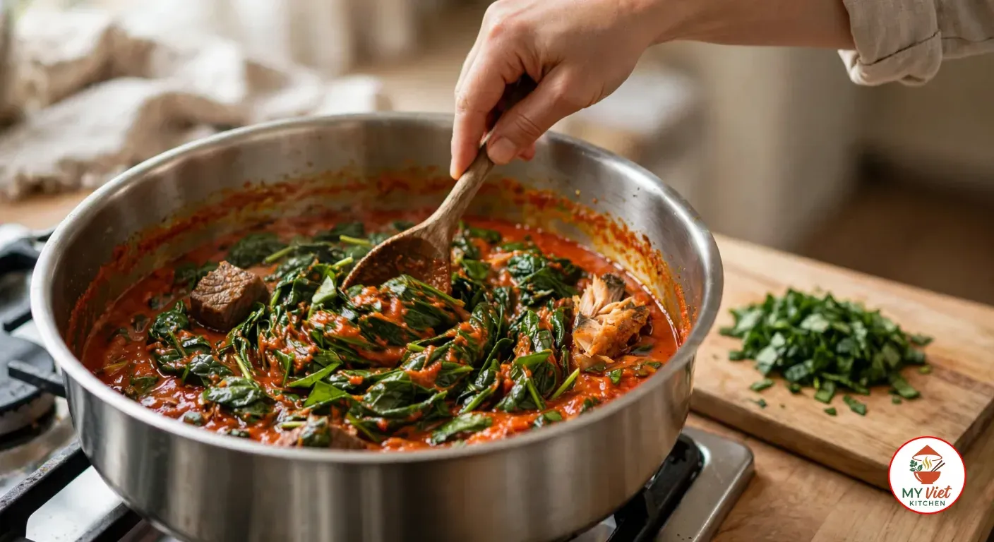 A hand folding wilting spinach leaves into the orange-red pepper sauce with a wooden spoon in the wide stainless-steel pot, a cube of beef and a chunk of smoked fish among the greens and a board of chopped spinach beside the stove