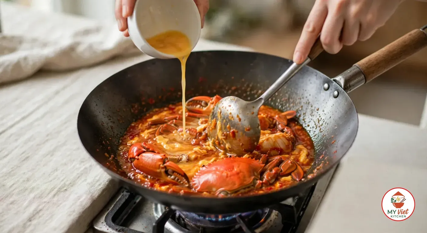 One hand pouring beaten egg in a thin stream from a white bowl into bubbling red-orange sauce around crab pieces and the top shell in a black carbon-steel wok, the other hand stirring with a steel ladle as yellow egg ribbons form