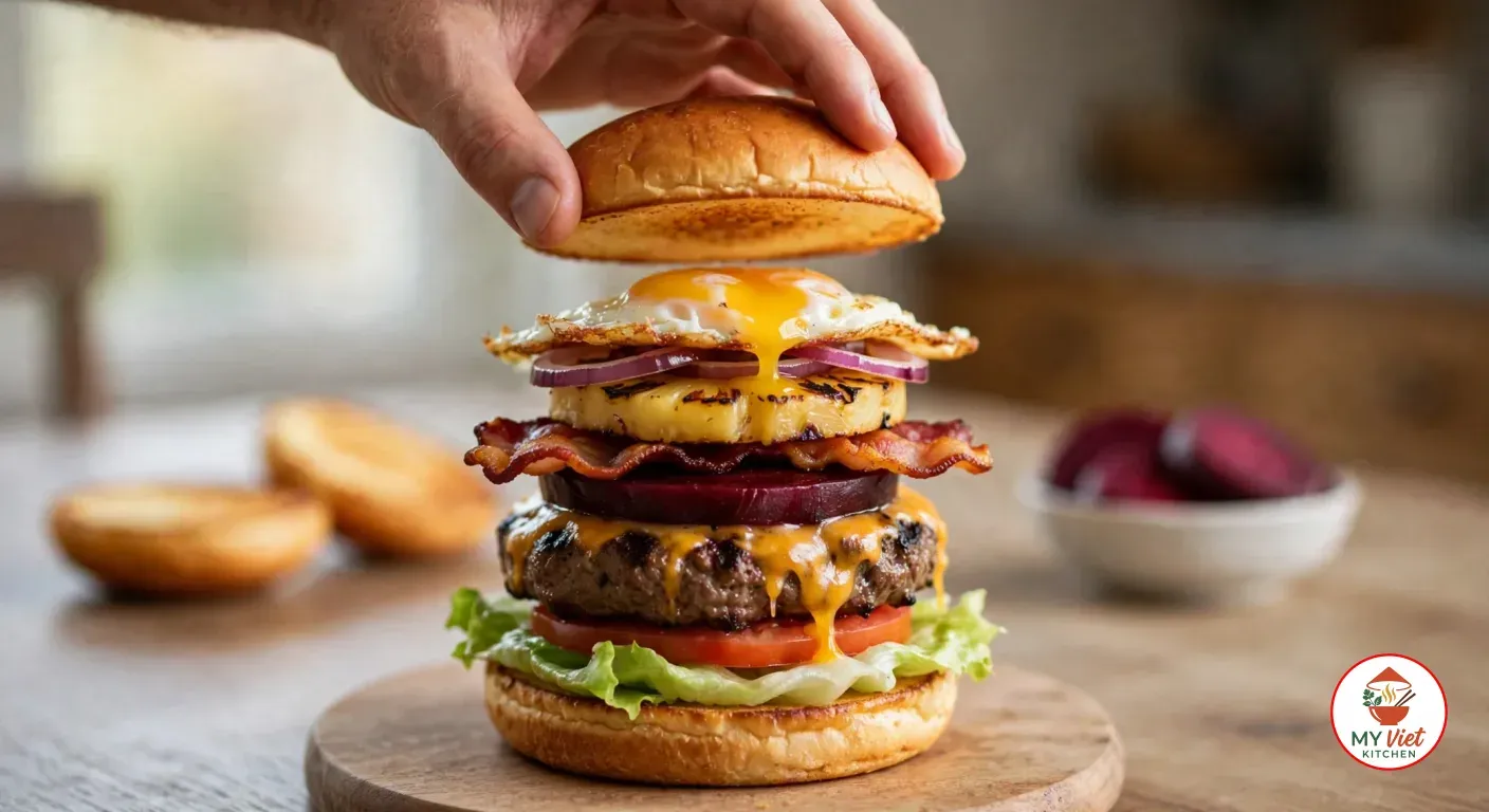 Lowering the toasted bun top onto the fried egg at the top of a tall burger stacked with lettuce, tomato, a cheese-covered beef patty, beetroot, bacon, grilled pineapple and red onion on a round wooden board, toasted bun halves and a bowl of sliced beetroot blurred behind