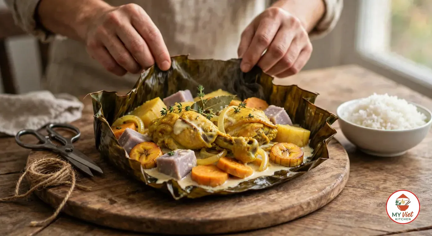Peeling back the baked olive-brown banana leaves of the bougna parcel with both hands on a round wooden board, revealing creamy coconut sauce over turmeric-gold chicken pieces, pale purple taro, golden yam, orange sweet potato, browned plantain rounds and soft onion, with the cut jute twine and kitchen scissors beside it and a bowl of steamed rice on the table