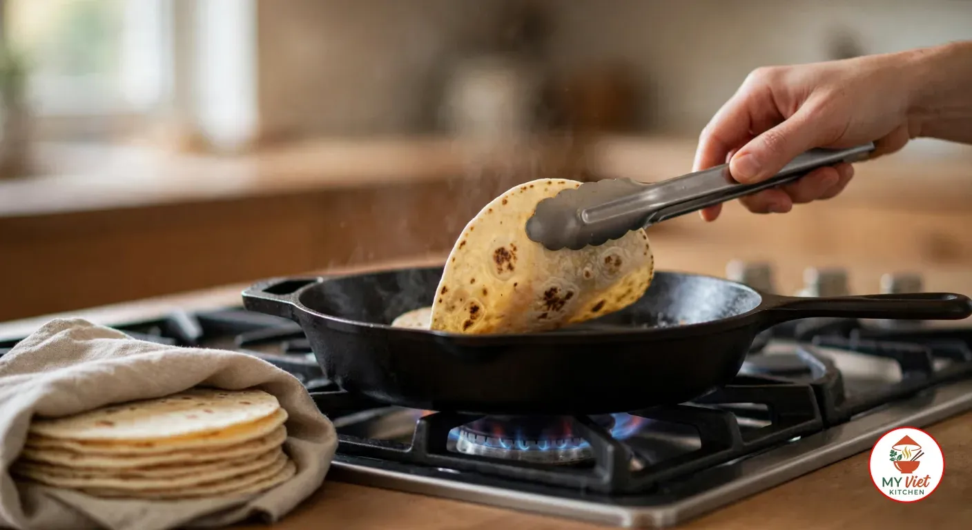 A hand turning a flour tortilla with brown charred spots in a black cast-iron skillet over a gas flame, with a stack of warm tortillas wrapped in a linen towel beside the stove