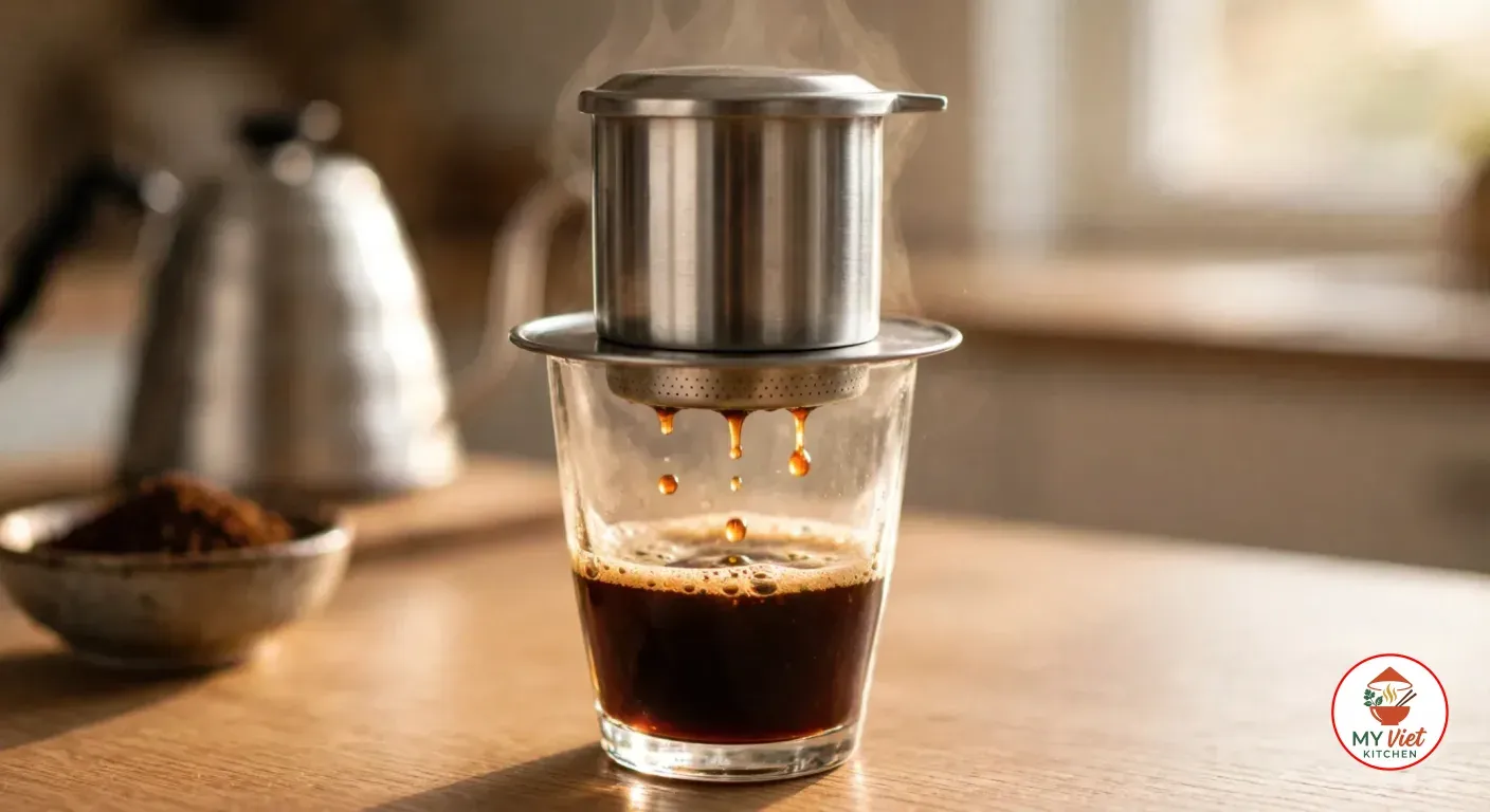 Dark coffee dripping from the lidded phin into the glass below, where a layer of coffee concentrate with a little foam has collected