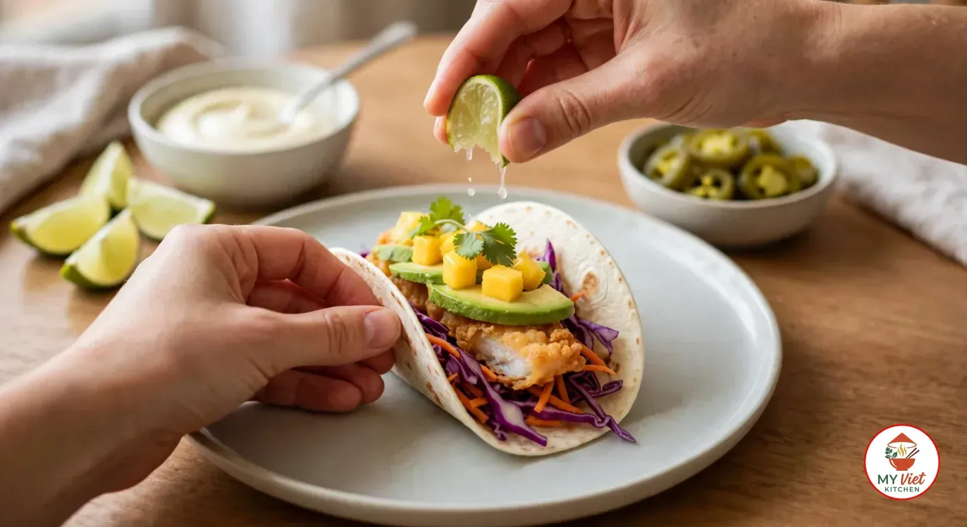 One hand holding open a flour tortilla filled with slaw, battered fish, avocado and diced mango while the other squeezes a lime wedge over it, with bowls of aioli and pickled jalapeños behind