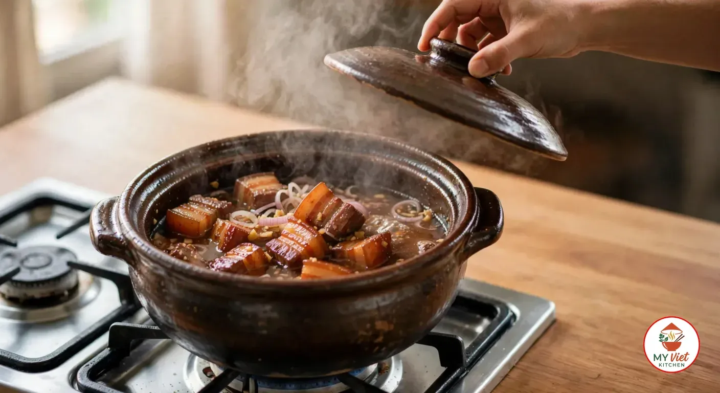 A hand lifting the clay lid off the pot in a cloud of steam, pork belly simmering in amber braising liquid with shallots