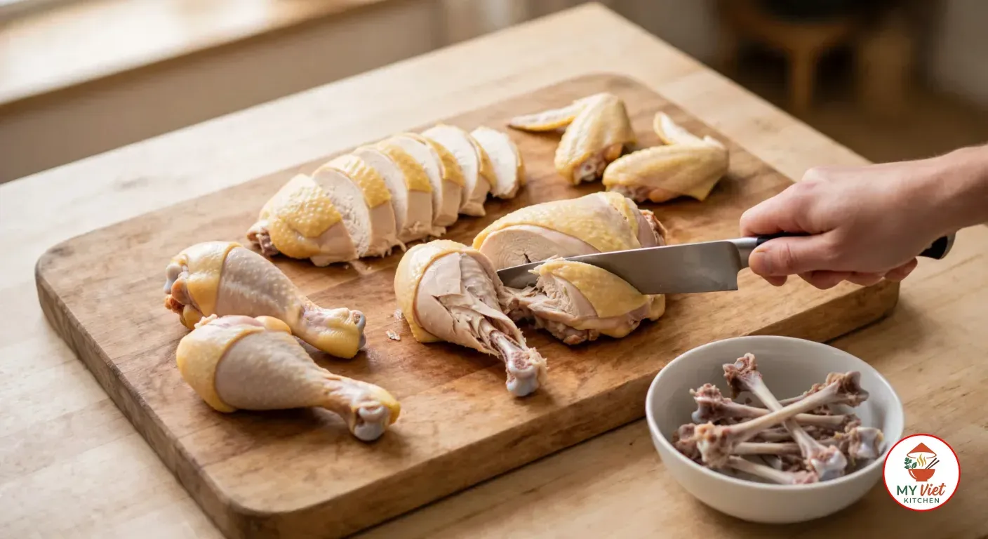 Poached chicken carved into drumsticks, thighs, wings and sliced breast on a wooden board, a knife easing meat off a thigh bone, the stripped bones in a bowl beside it