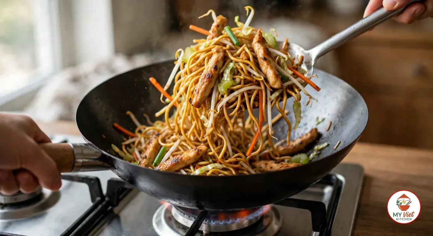 A hand lifting soy-glazed egg noodles with chicken strips, bean sprouts, carrot, celery and green onion out of a black carbon-steel wok with a steel spatula over a gas flame
