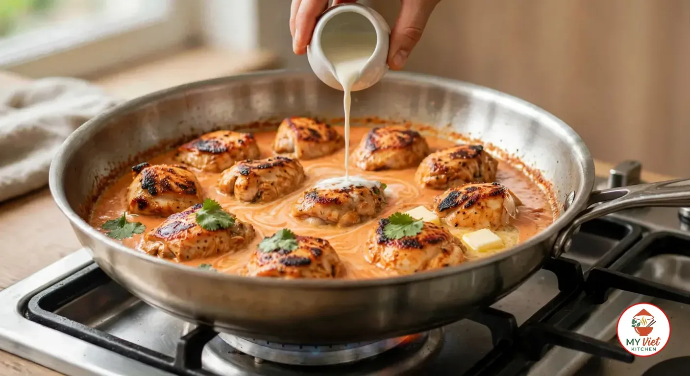 Pouring heavy cream from a small white jug into the stainless steel sauté pan of seared chicken thigh chunks in a soft orange sauce streaked with cream, with two cubes of cold butter melting and fresh cilantro leaves on top