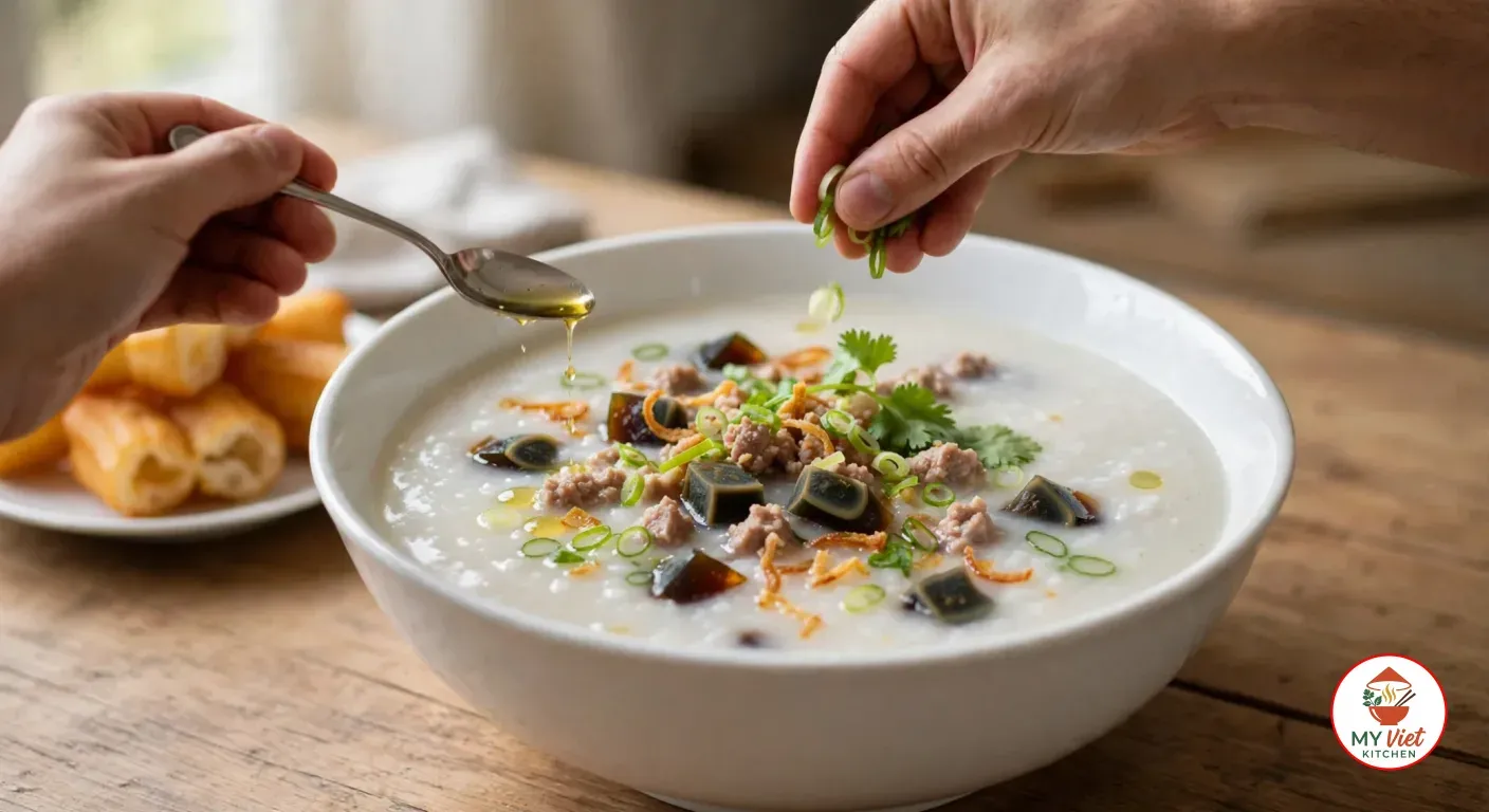 Hands sprinkling sliced green onion and drizzling sesame oil from a teaspoon over a white bowl of congee topped with minced pork, diced dark preserved egg, fried shallots and cilantro, a plate of youtiao behind