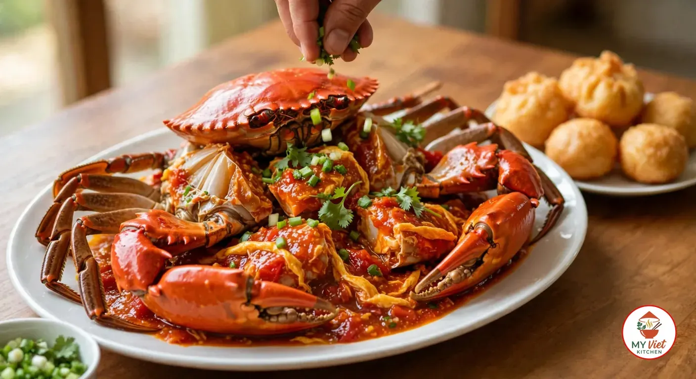 A hand sprinkling chopped spring onion and cilantro over chili crab on a white oval platter, the crab pieces and red top shell in red-orange sauce with egg ribbons, beside a plate of fried mantou buns and a small bowl of chopped herbs on a wooden table