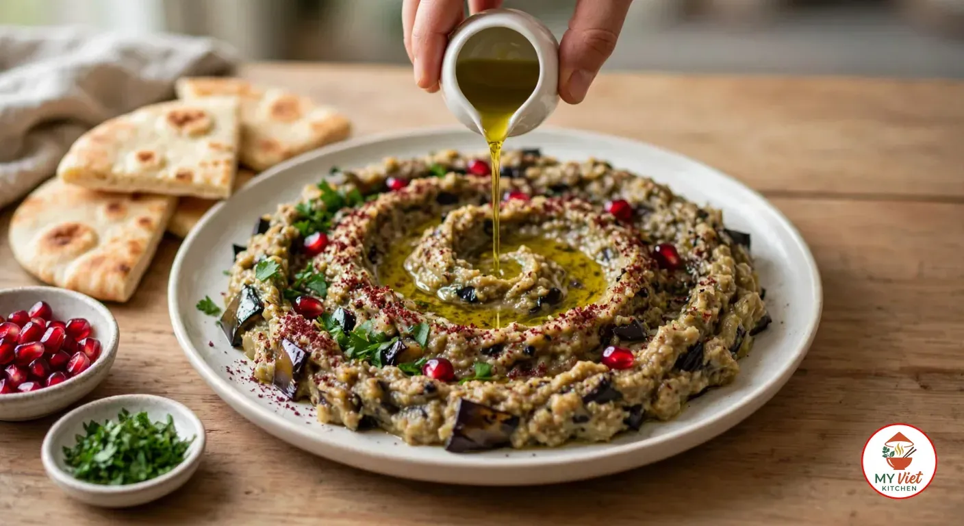 Pouring olive oil from a small white jug into the well of baba ganoush topped with parsley, sumac and pomegranate seeds, with pita wedges and dishes of pomegranate seeds and parsley beside it
