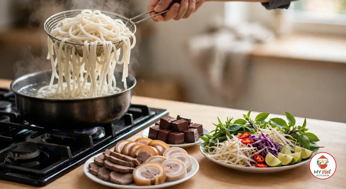 Thick round rice noodles lifted from boiling water in a wire strainer, beside plates of sliced beef shank, pork hock and pork roll, cubes of blood cake, and herbs, bean sprouts, purple cabbage, lime and chilies