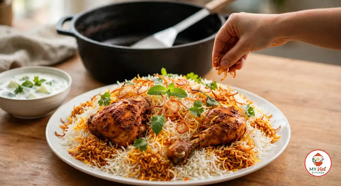 Scattering crisp fried onions by hand over a white platter heaped with chicken biryani, saffron-streaked and masala-coloured basmati rice around masala-coated chicken thighs and a drumstick, scattered with mint and cilantro, the black cast-iron Dutch oven with a metal spatula behind and a bowl of cucumber raita beside it