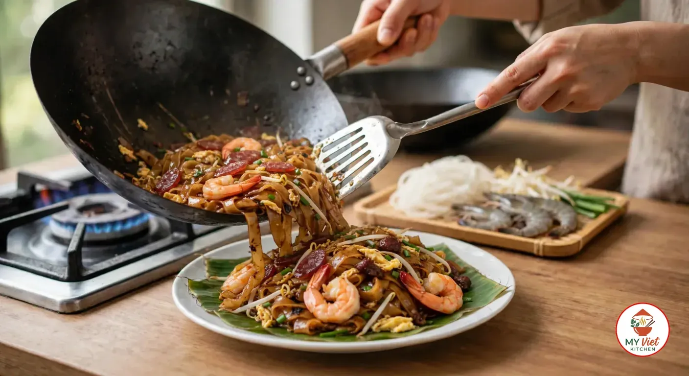 Sliding char kway teow from a tilted black wok onto a white plate lined with banana leaf, with a tray of raw rice noodles, prawns, bean sprouts and chives for the second plate behind it