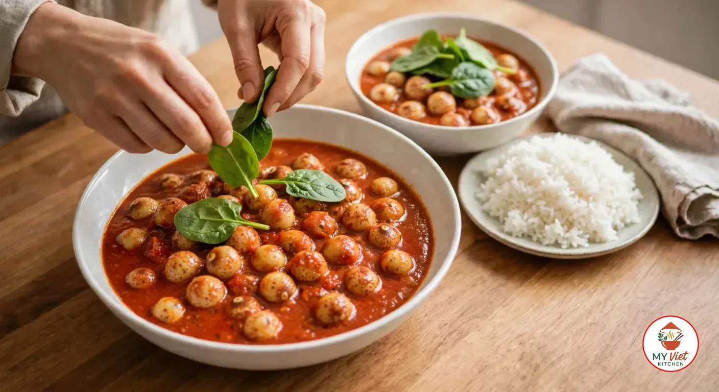 Hands laying fresh spinach leaves on a white bowl of bambara groundnut stew, beside a second garnished bowl, a plate of steamed white rice and a linen napkin on a wooden table