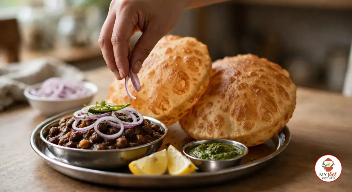 A hand dropping red onion rings onto a steel bowl of dark brown chole with a green chili, beside two puffed bhature, lemon wedges and green chutney on a round steel plate