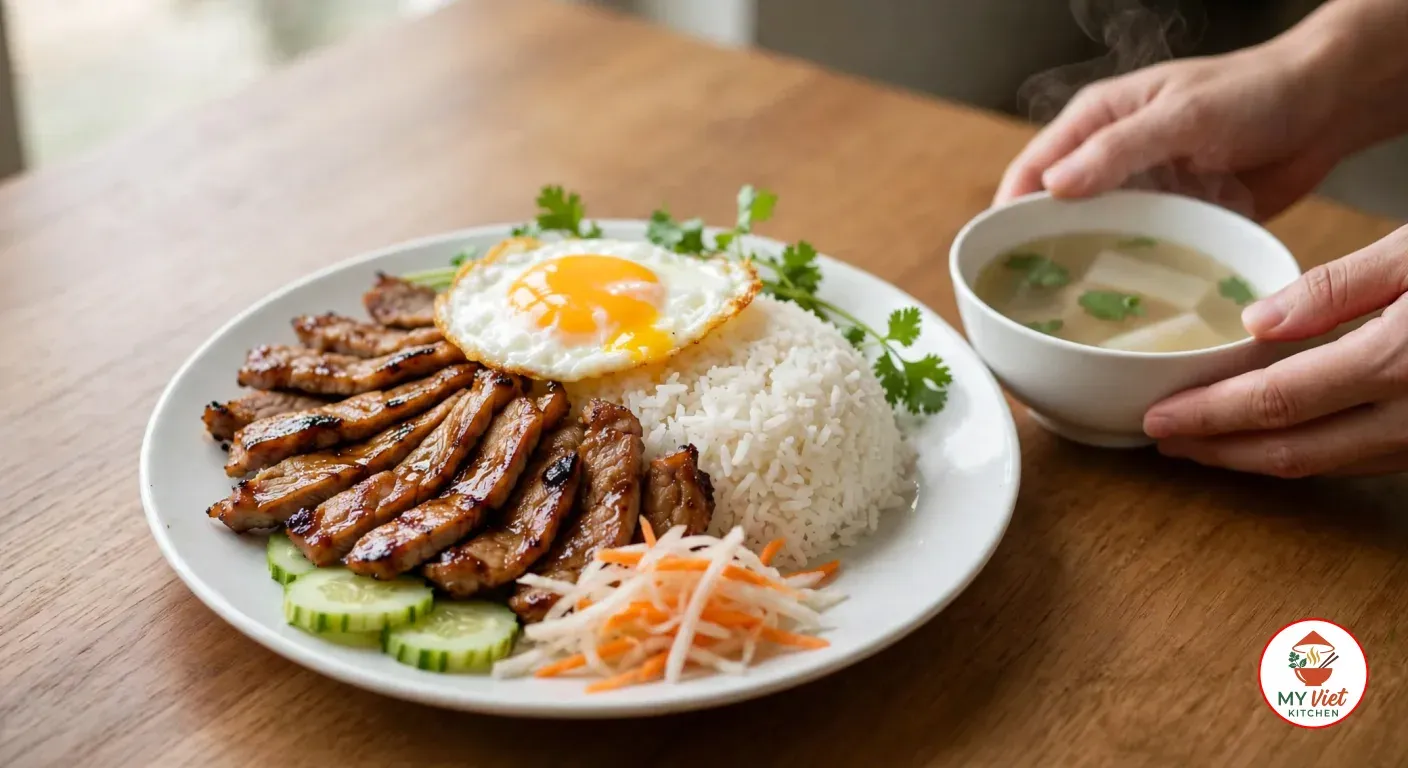 Hands setting a small white bowl of steaming clear broth with daikon slices and cilantro beside a finished plate of grilled pork, fried egg, jasmine rice, cucumber, pickled vegetables and cilantro