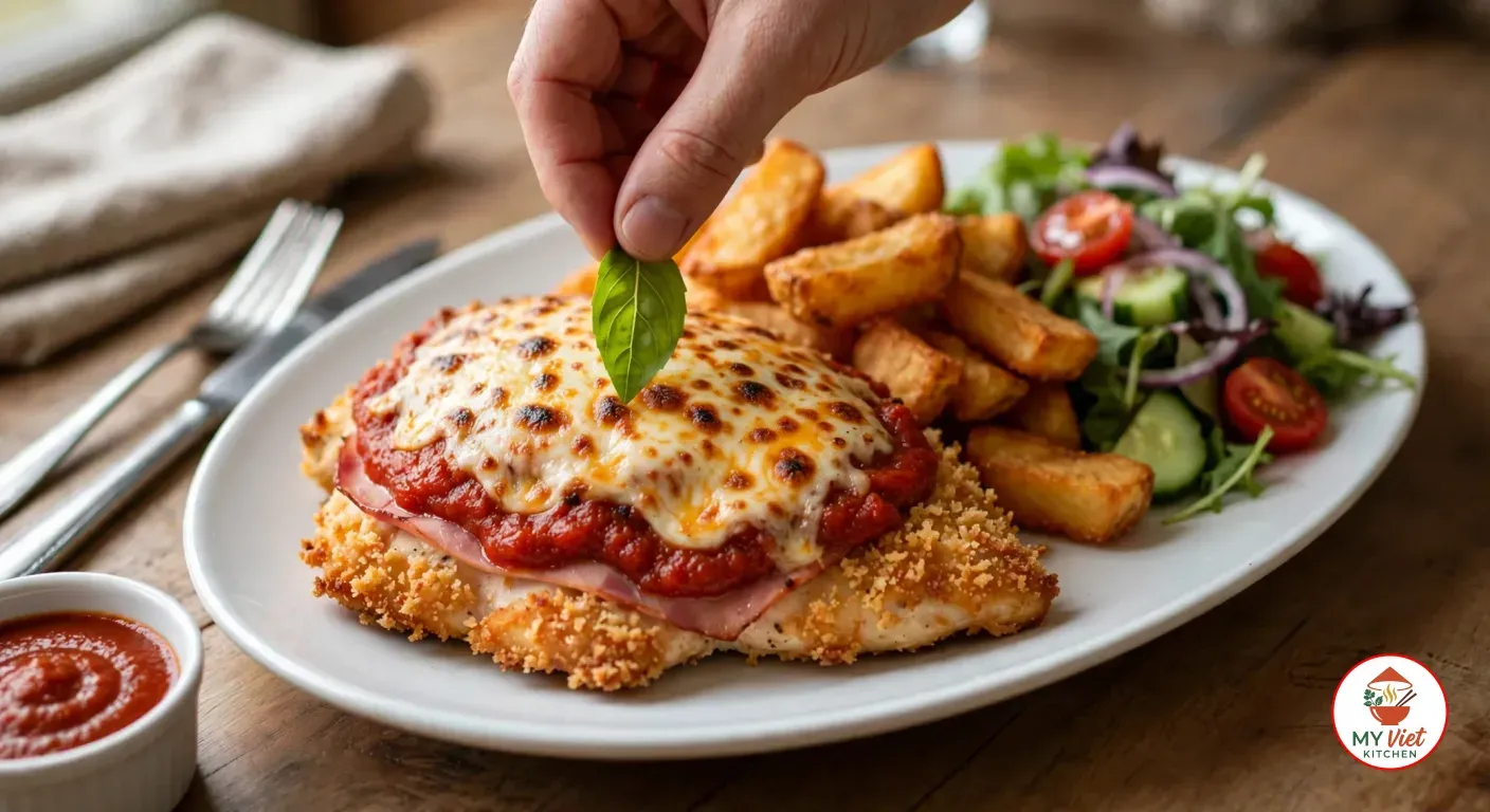 A hand placing a basil leaf on a chicken parmigiana with browned melted cheese, ham and napoli sauce, served on a white oval plate with thick-cut chips and a green salad, beside a knife, fork and a ramekin of sauce