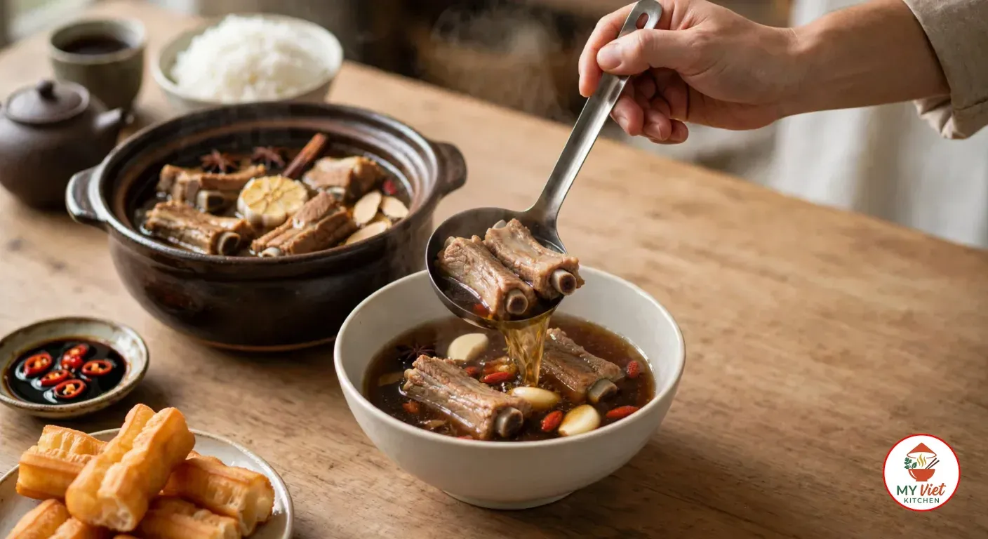 Ladling pork ribs and dark amber broth from the clay pot into a white bowl holding a rib, garlic cloves and goji berries, with rice, fried dough sticks and a dish of dark soy sauce with sliced red chilies on the wooden table