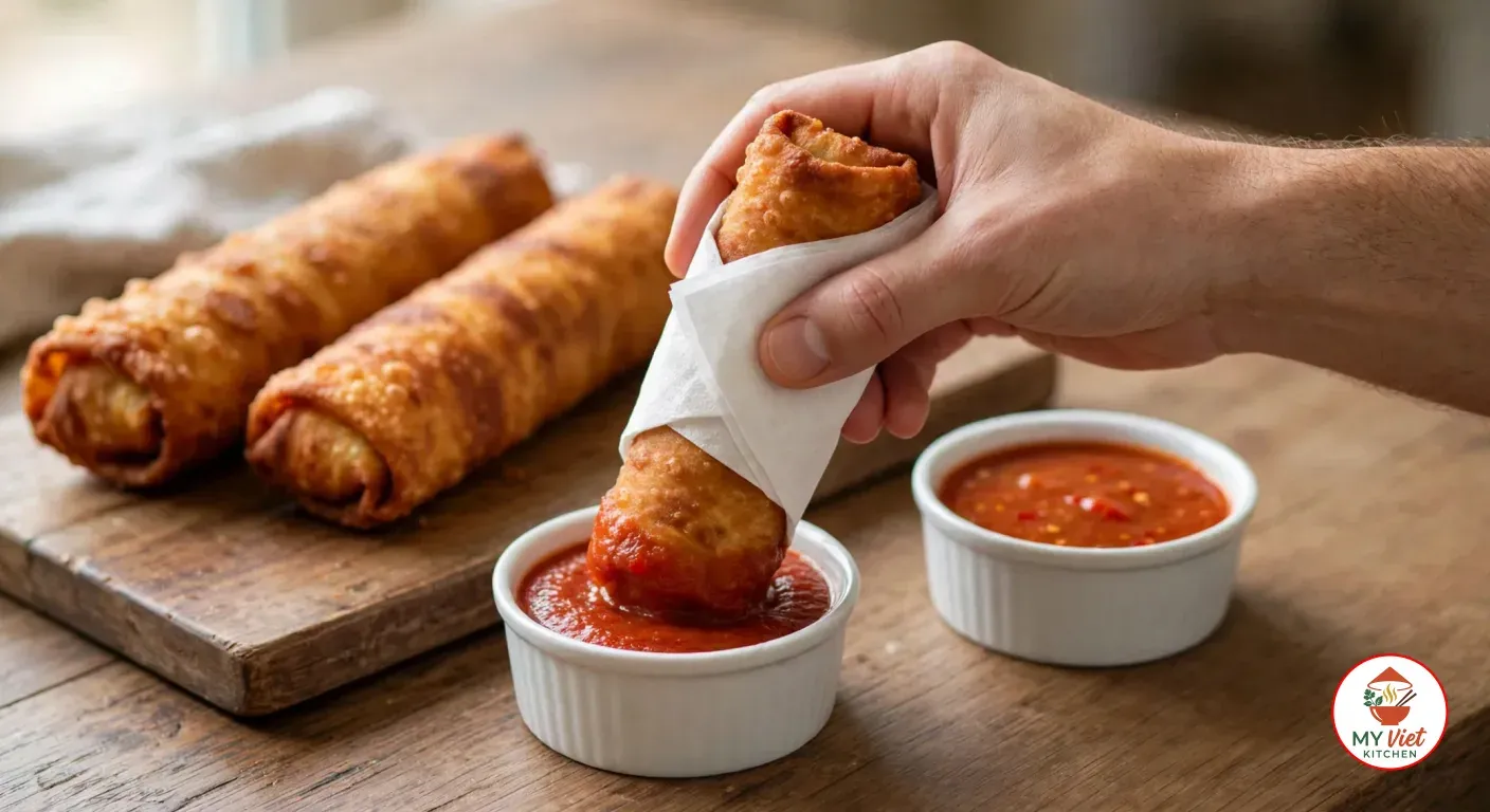 A hand holding a chiko roll wrapped in a white paper napkin and dipping one end into a white ramekin of tomato sauce, beside a ramekin of sweet chilli sauce and two more rolls on a wooden board