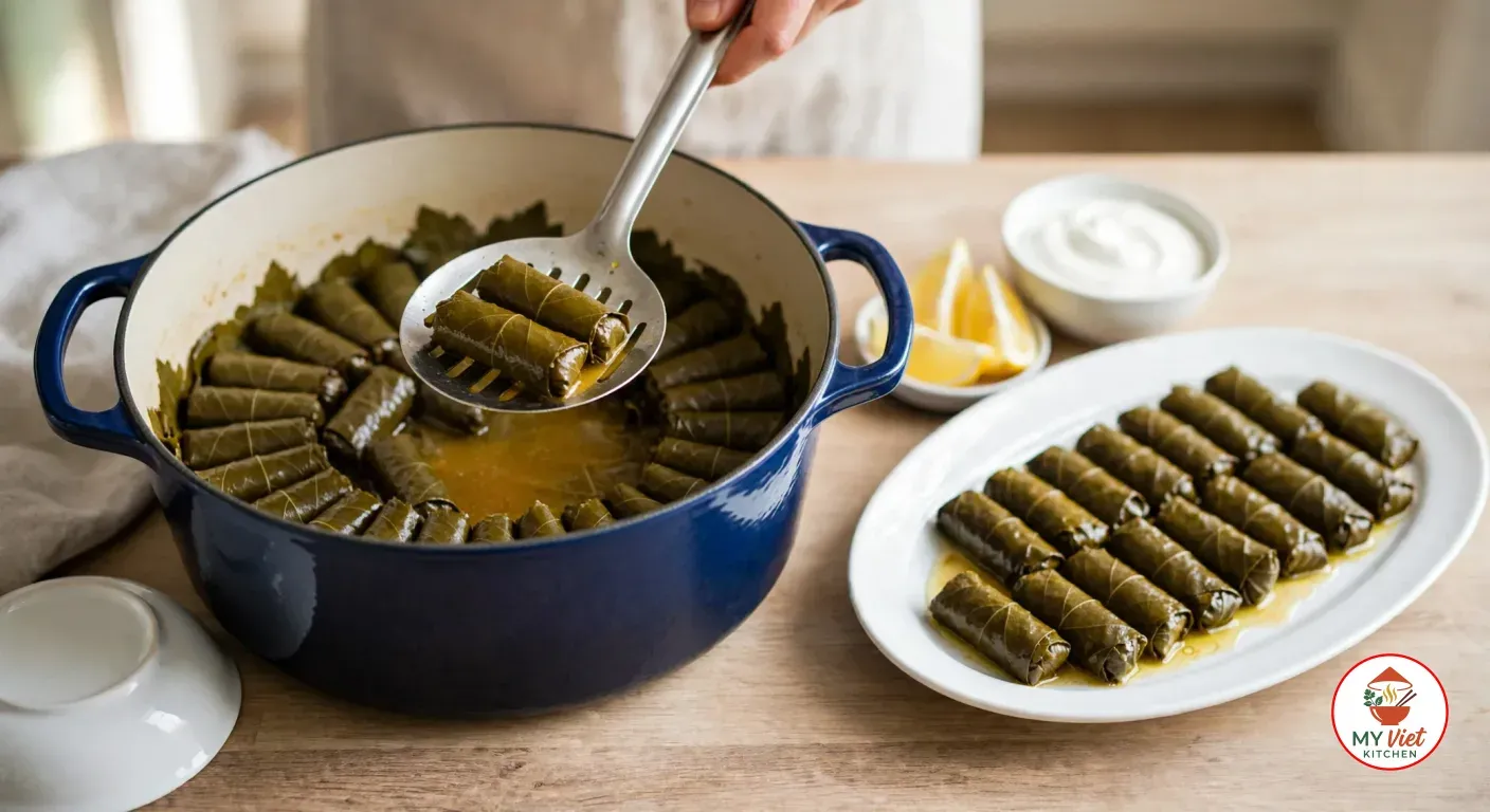 A slotted spoon lifting two cooked grape leaf rolls out of the cobalt-blue enamelled pot toward a white oval platter of rolls in golden cooking liquid, with a bowl of plain yogurt and lemon wedges on a wooden table