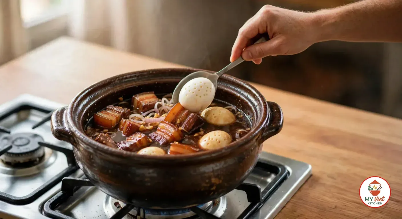 A pricked peeled egg lowered with a spoon into the clay pot of braised pork belly, more eggs already turning amber in the sauce