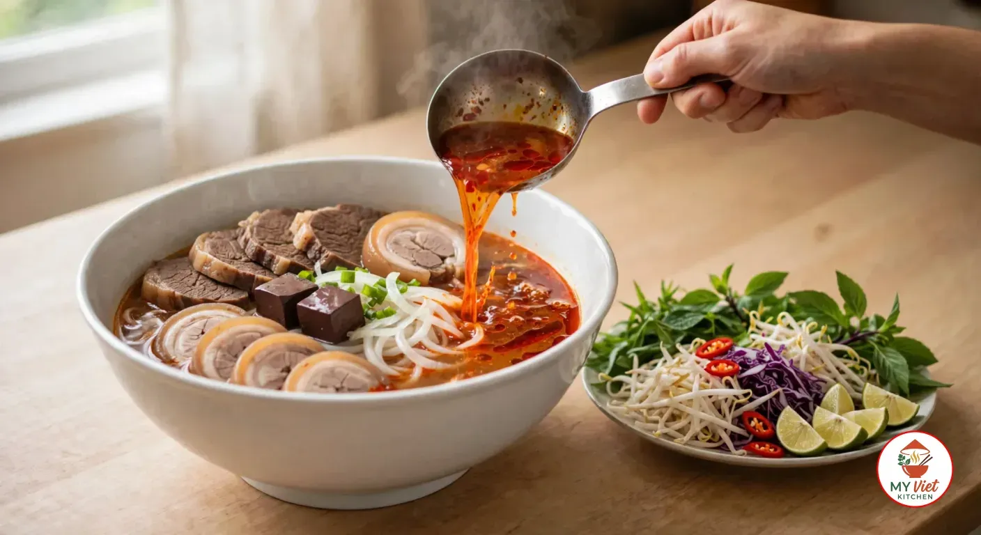 Ladling red-orange broth over a white bowl of thick rice noodles, beef shank, pork hock, pork roll, blood cake, onion and scallions, a plate of herbs, bean sprouts, purple cabbage, lime and chilies beside it