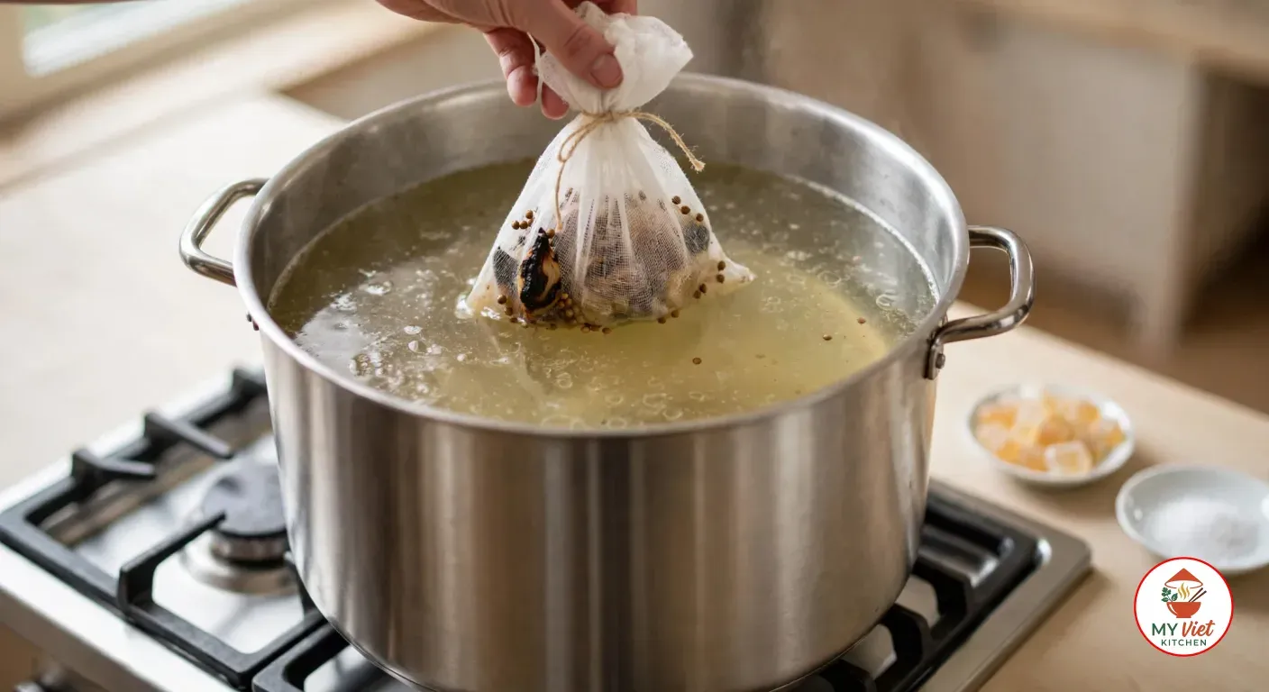 A cheesecloth bag of charred shallots, ginger and coriander seeds lowered into a pot of clear chicken broth, dishes of rock sugar and salt beside the stove