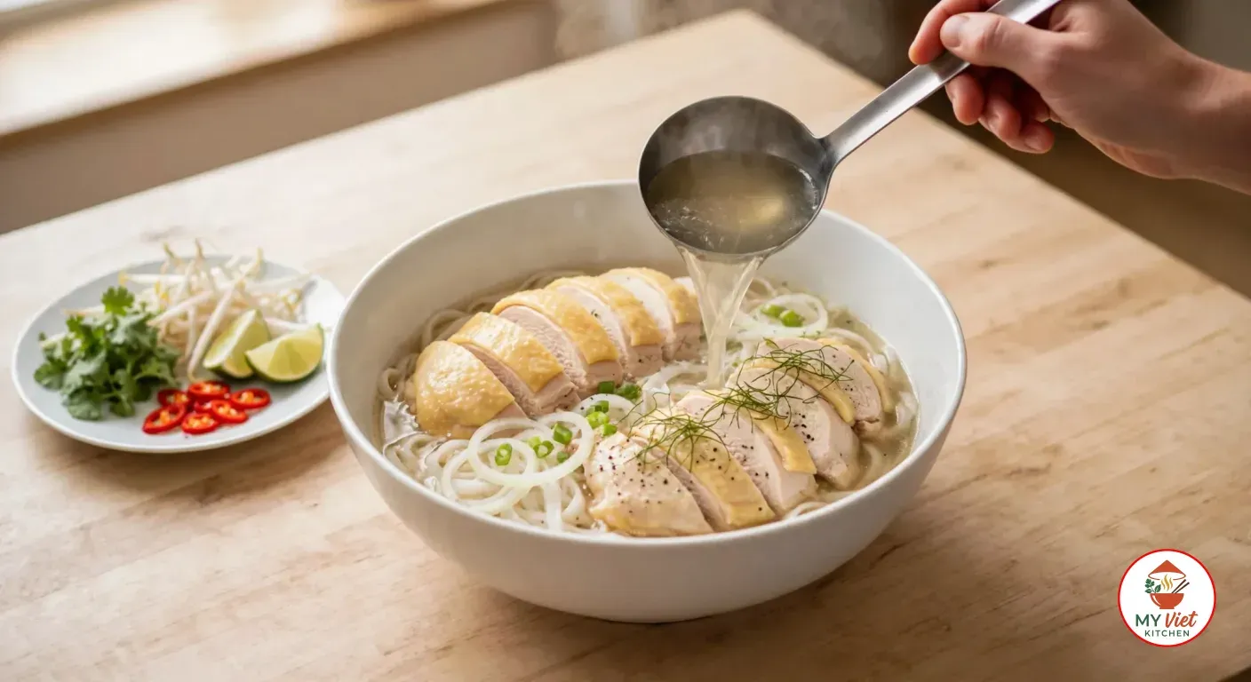 Ladling clear chicken broth over rice noodles, sliced poached chicken, onion, scallions and shredded lime leaves in a white bowl, a plate of cilantro, bean sprouts, lime and chilies beside it