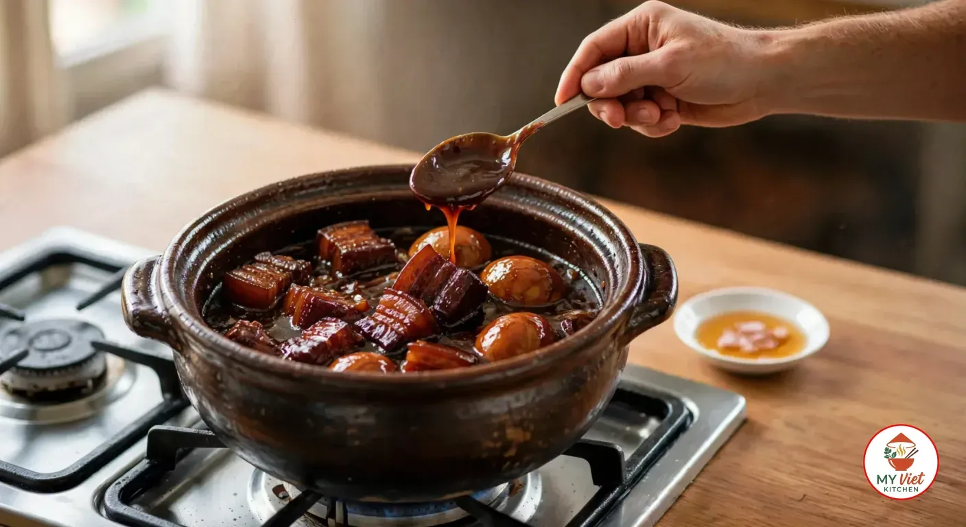A spoonful of thick, glossy caramel sauce lifted over the clay pot of mahogany pork belly and amber braised eggs, a dish of fish sauce beside it