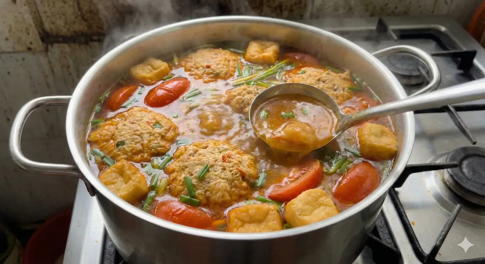 Completing the broth for bun rieu cua Vietnamese crab noodle soup