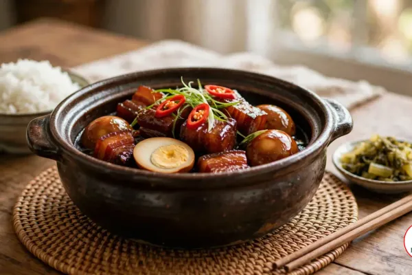 A clay pot of glossy caramelized pork belly and amber braised eggs, one egg halved, topped with red chili and scallion, beside steamed rice, pickled mustard greens and chopsticks