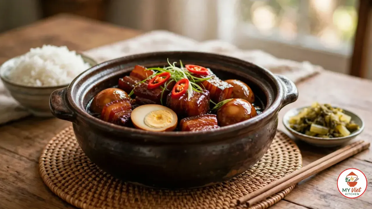 A clay pot of glossy caramelized pork belly and amber braised eggs, one egg halved, topped with red chili and scallion, beside steamed rice, pickled mustard greens and chopsticks